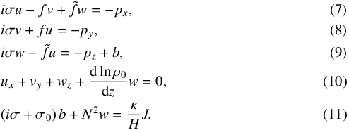 Mathematical equation: \begin{eqnarray} \label{eqprim1} &&i \sigma u - f v + \tilde{f} w = - p_x , \\ &&i \sigma v + f u = - p_y , \\ \label{eqprim3} &&i \sigma w - \tilde{f} u = -p_z + b , \\ &&u_x + v_y + w_z + \frac{{\rm d} \ln \rho_0}{{\rm d}z} w = 0, \\ \label{eqprim5} && \left( i \sigma + \sigma_0 \right) b + N^2 w = \frac{\kappa}{H} J. \end{eqnarray}