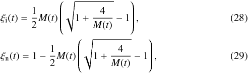 \begin{eqnarray} &&\xi_{\rm i} (t) = \frac{1}{2} M(t) \left(\sqrt{1+\frac{4}{M(t)}}-1\right) \label{xii},\\ &&\xi_{\rm n} (t) = 1 - \frac{1}{2} M(t) \left(\sqrt{1+\frac{4}{M(t)}}-1\right) \label{xin}, \end{eqnarray}