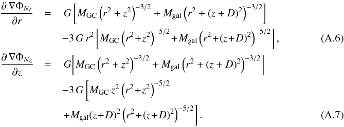 \appendix \setcounter{section}{1} \begin{eqnarray} \frac{\partial\, \nabla \Phi_{N r }}{\partial r} &= & \, G \left[ M_{\rm GC} \left( r^2 + z^2 \right)^{-3/2} + M_{\rm gal} \left( r^2 + (z+D)^2 \right)^{-3/2} \right]\notag\\ && - 3 \, G \, r^2 \left[ M_{\rm GC} \left( r^2 \!+\! z^2 \right)^{-5/2}\! +\! M_{\rm gal} \left( r^2\! +\! (z\!+\!D)^2 \right)^{-5/2} \right] ,\\ \frac{\partial\, \nabla \Phi_{N z }}{\partial z} &= & \, G \biggl[ M_{\rm GC} \left( r^2 + z^2 \right)^{-3/2} + M_{\rm gal} \left( r^2 + (z+D)^2 \right)^{-3/2} \biggr]\notag\\ && - 3 \, G \left[ M_{\rm GC} \, z^2 \left( r^2\! +\! z^2 \right)^{-5/2}\right.~~~~\notag\\ &&\left. + M_{\rm gal} (z\!+\!D)^2 \left( r^2 \!+\! (z\!+\!D)^2 \right)^{-5/2} \right] .~~~ \end{eqnarray}