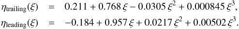 \begin{eqnarray} \eta_{\rm trailing}(\xi)&=& 0.211 + 0.768\, \xi -0.0305\, \xi^2 + 0.000845\, \xi^3 ,\notag\\ \eta_{\rm leading}(\xi)&=& -0.184 + 0.957\, \xi +0.0217\, \xi^2 + 0.00502\, \xi^3 . \label{position_stream} \end{eqnarray}