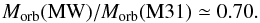 \begin{equation} M_{\rm orb}({\rm MW})/M_{\rm orb}({\rm M31})\simeq0.70. \end{equation}