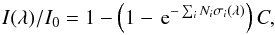 \begin{equation} \label{eq:intensity} I(\lambda)/I_0=1-\left(1-\hspace{0.05cm} {\mathrm{e}}^{-\sum_i N_i\sigma_i(\lambda)}\right)C , \end{equation}