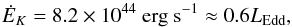 \begin{equation} \label{eq:superhigh} \dot{E}_K=8.2\times10^{44} \mathrm{\ erg\ s}^{-1}\approx0.6L_{\rm Edd} , \end{equation}
