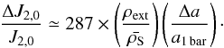 \begin{equation} \dfrac{\Delta J_{2,0}}{J_{2,0}} \simeq 287 \times \left(\dfrac{\rho_{\rm ext}}{\bar{\rho_{\rm S}}} \right) \left(\dfrac{\Delta a}{a_{\rm 1\,bar}} \right)\cdot \end{equation}