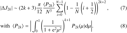 \begin{eqnarray} &&|\Delta J_{2k}| \sim (2k+3)\dfrac{\pi}{12}\dfrac{\langle P_{2k}\rangle}{N^3} \sum_{i=0}^{N-1} \left(1 - \dfrac{1}{N}\left(i+\dfrac{1}{2} \right)\right)^{2k+2}, \label{J_2k_final} \\ &&{\rm with} ~~\langle P_{2k}\rangle = \bigg |\int_{0}^{1} \left(\dfrac{1}{1+{\rm e}^2\mu^2}\right)^{k+1} P_{2k} (\mu) {\rm d}\mu \bigg |. \label{def_P2k} \end{eqnarray}