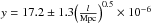 \hbox{$y=17.2\pm1.3{\left(\frac{l}{\mathrm{Mpc}}\right)}^{0.5}\times10^{-6}$}