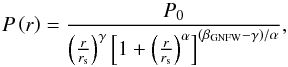 \begin{equation} P\left( {r}\right)=\frac{P_0}{\left(\frac{ {r}}{r_{\mathrm{s}}}\right)^\gamma\left[1+\left(\frac{ {r}}{r_{\mathrm{s}}}\right)^\alpha\right]^{\left(\beta_{\mathrm{GNFW}}-\gamma\right)/\alpha}}, \end{equation}