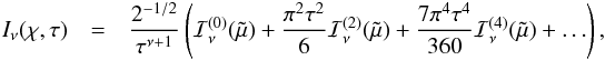 \appendix \setcounter{section}{2} \begin{eqnarray} I_\nu(\chi,\tau) &=& \frac{2^{-1/2}}{\tau^{\nu+1}}\left( \mathcal{I}_\nu^{(0)}(\tilde\mu) +\frac{\pi^2\tau^2}{6} \mathcal{I}_\nu^{(2)}(\tilde\mu) + \frac{7\pi^4\tau^4}{360} \mathcal{I}_\nu^{(4)}(\tilde\mu) + \ldots \right), \nonumber\\&& \label{Sommer} \end{eqnarray}