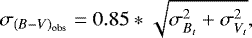 \begin{equation*} \sigma_{(B-V)_{\textrm{obs}}} = 0.85 * \sqrt{\sigma_{B_t}^2+\sigma_{V_t}^2},\end{equation*}