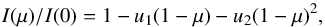 \begin{equation} I(\mu)/I(0) = 1 - u_{1}(1-\mu) - u_{2}(1-\mu)^2, \label{eq:LD} \end{equation}