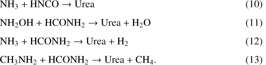 \begin{align*} &\hbox{NH}_3 + \hbox{HNCO} \rightarrow \hbox{Urea}\\[1.5mm] &\hbox{NH}_2\hbox{OH} + \hbox{HCONH}_2 \rightarrow \hbox{Urea} + \hbox{H}_2\hbox{O}\\[1.5mm] &\hbox{NH}_3 + \hbox{HCONH}_2 \rightarrow \hbox{Urea} + \hbox{H}_2\\[1.5mm] &\hbox{CH}_3\hbox{NH}_2 + \hbox{HCONH}_2 \rightarrow \hbox{Urea} + \hbox{CH}_4.\end{align*}