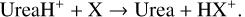 \begin{equation*} \hbox{UreaH}^+ + \hbox{X} \rightarrow \hbox{Urea} + \hbox{HX}^+.\end{equation*}