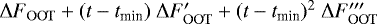 $\Delta F_{\mathrm{OOT}} + (t - t_{\textrm{min}})\ \Delta F^{\prime}_{\mathrm{OOT}} + (t - t_{\textrm{min}})^2\ \Delta F&#x0027;^{\prime\prime}_{\mathrm{OOT}}$