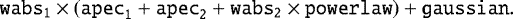 \begin{equation*}\texttt{wabs}_{\texttt{1}}\times(\texttt{apec}_{\texttt{1}}+\texttt{apec}_{\texttt{2}}+\texttt{wabs}_{\texttt{2}}\times\texttt{powerlaw})+\texttt{gaussian}. \end{equation*}