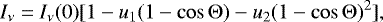 Mathematical equation: \begin{equation} \label{qadraticlimbdarklaw} I_\nu = I_\nu(0)[1-u_1(1 - \cos \mathrm{\Theta}) - u_2(1 - \cos \mathrm{\Theta})^2], \end{equation}