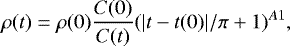 Mathematical equation: \begin{equation} \label{densitychangeA1} \rho(t) = \rho(0)\frac{C(0)}{C(t)}(|t-t(0)|/\pi+1)^{A1}, \end{equation}