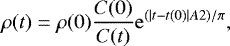 Mathematical equation: \begin{equation} \label{densitychangeA2} \rho(t) = \rho(0)\frac{C(0)}{C(t)}\mathrm{e}^{(|t-t(0)|A2)/\pi}, \end{equation}