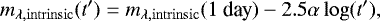 \begin{equation}\label{eq:magnitude} m_{\lambda,\rm intrinsic} (t') = m_{\lambda, \rm intrinsic} ({\rm 1\ day})-2.5 \alpha \log(t'), \end{equation}