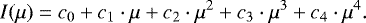 $ I(\mu) = c_0 &#x002B; c_1 \cdot \mu &#x002B; c_2 \cdot \mu^2 &#x002B; c_3 \cdot \mu^3 &#x002B; c_4 \cdot \mu^4. $
