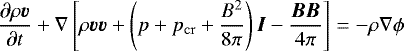 \begin{equation} \frac{\partial \rho \vec{v}}{\partial t} + \nabla \left[ \rho\vec{v}\vec{v} + \left(p + p_\mathrm{cr} + \frac{B^2}{8\pi}\right)\vec{I} - \frac{\vec{B} \vec{B}}{4\pi} \right] = -\rho \nabla \phi \label{eq:induction2} \end{equation}
