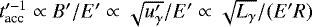 $t&#x0027;^{-1}_{\textrm{acc}} \propto B&#x0027;/E&#x0027; \propto \sqrt{u&#x0027;_{\gamma}}/E&#x0027; \propto \sqrt{L_{\gamma}}/(E&#x0027; R)$
