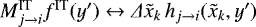 $M_{j \rightarrow i}^{\textrm{IT}} f^{\textrm{IT}}(y&#x0027;) \leftrightarrow \Delta \tilde x_k \, h_{j \rightarrow i}(\tilde x_k,y&#x0027;)$