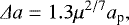 Mathematical equation: $\Delta a= 1.3 \mu^{2/7} a_{\textrm{p}}, $