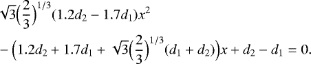 Mathematical equation: $ &\sqrt{3} \Bigl(\frac{2}{3}\Bigr)^{1/3}(1.2d_2-1.7d_1)x^2 \\ &-\Bigl(1.2d_2+1.7d_1+ \sqrt{3} \Bigl(\frac{2}{3}\Bigr)^{1/3}(d_1+d_2)\Bigr)x+d_2-d_1=0. $