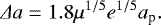 Mathematical equation: $\Delta a = 1.8 \mu^{1/5} e^{1/5} a_{\textrm{p}}. $