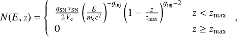 $ N(E,z) = \left\{ \begin{array}{ll} \frac{q_{\textrm{SN}} \, \nu_{\textrm{SN}}}{2 \, V_{\textrm{c}}} \, \bigg(\frac{E}{m_{\textrm{e}}c^2}\bigg)^{-g_{\textrm{inj}}} \, \biggl(1-\frac{z}{z_{\textrm{max}}}\biggr)^{g_{\textrm{inj}}-2} & z < z_{\textrm{max}} \\ 0 & z \ge z_{\textrm{max}} \\ \end{array} \right.,$