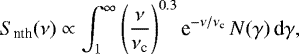 $ S_{\textrm{nth}}(\nu) \propto \int_1^{\infty} \left( \frac{\nu}{\nu_{\textrm{c}}}\right ) ^{0.3} \textrm{e}^{- \nu/\nu_{\textrm{c}}} \, N(\gamma) \, \textrm{d}\gamma,$