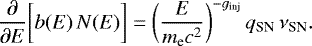 $ {\partial\over \partial E} \biggr[b(E) \, N(E)\biggr] = \bigg(\frac{E}{m_{\textrm{e}} c^2}\bigg)^{-g_{\textrm{inj}}} \, q_{\textrm{SN}} \, \nu_{\textrm{SN}}.$