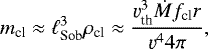 \begin{equation} m_{\rm cl} \approx \ell_{\rm Sob}^3 \rho_{\rm cl} \approx \frac{\varv_{\rm th}^3 \dot{M} f_{\rm cl} r}{\varv^4 4 \pi}, \label{Eq:mcl} \end{equation}