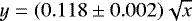 $y= (0.118\pm0.002)\sqrt{x}$