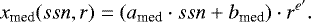 \begin{align&#x002A;} x_{\text{med}}(ssn,r) &= \left(a_{\text{med}} \cdot ssn + b_{\text{med}}\right) \cdot r^{e&#x0027;} .\end{align&#x002A;}