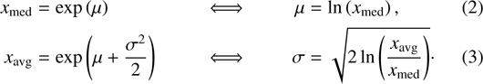 \begin{align&#x002A;} x_{\text{med}} &= \exp\left(\mu\right) & &\Longleftrightarrow & \mu &= \ln\left(x_{\text{med}}\right),\\ x_{\text{avg}} &= \exp\left(\mu + \frac{\sigma^2}{2}\right) & &\Longleftrightarrow & \sigma &= \sqrt{2 \ln\left(\frac{x_{\text{avg}}}{x_{\text{med}}}\right)} \cdot\end{align&#x002A;}