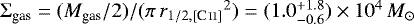 $\UpSigma_{\textrm{gas}} = ({M_{\textrm{gas}}}/2)/(\pi\,{r_{1/2,[\ion{C}{ii}]}}^2) = (1.0^{&#x002B;1.8}_{-0.6})\times10^4\,{{M}_{\odot}}$