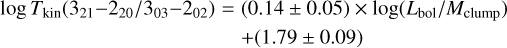\begin{eqnarray} \log T_{\rm kin}({\rm 3_{21}{-}2_{20}/3_{03}{-}2_{02}})&=&(0.14\pm0.05)\times\log (L_{\rm bol}/M_{\rm clump}) \nonumber \\ && +(1.79\pm0.09) \end{eqnarray}
