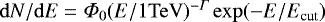 Mathematical equation: $\mathrm{d}N / \mathrm{d}E = \Phi_{0} (E/1 \mathrm{TeV})^{-\Gamma} \exp(-E/E_{\textrm{cut}})$