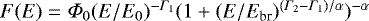 Mathematical equation: $F(E) = \Phi_0 (E/E_0) ^{-\Gamma_1} (1 + (E/E_{\textrm{br}})^{(\Gamma_2 - \Gamma_1)/\alpha})^{-\alpha}$