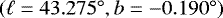 Mathematical equation: $\left(\ell = 43.275^{\circ}, b = -0.190^{\circ}\right)$