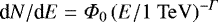 Mathematical equation: $\textrm{d}N/\textrm{d}E=\Phi_0 \left(E/1~\mathrm{TeV}\right)^{-\Gamma}$