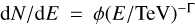 Mathematical equation: $\mathrm{d}N/\mathrm{d}E = \phi (E/\textrm{TeV})^{-\Gamma}$