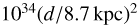 Mathematical equation: $L_{\textrm{VHE}}\sim1.6 \times 10^{34}(d/\textrm{8.7\, kpc})^2$