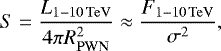 Mathematical equation: $ S = \frac{\lumi}{4\pi R\ind{PWN}^2} \approx \frac{F_{1-10\,\mathrm{TeV}}}{\sigma^2} ,$