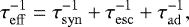 Mathematical equation: $ \tau_{\mathrm{eff}}^{-1} = \tau_{\mathrm{syn}}^{-1} + \tau_{\mathrm{esc}}^{-1} + \tau_{\mathrm{ad}}^{-1}, $
