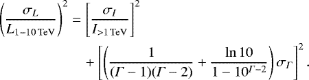 Mathematical equation: $ \left(\frac{\sigma_{L}}{\lumi}\right)^2 & = \left[\frac{\sigma_I}{I_{>1\tev}}\right]^2 \\ &\quad+ \left[\left(\frac{1}{(\Gamma-1)(\Gamma-2)} + \frac{\ln{10}}{1-10^{\Gamma-2}}\right) \sigma_{\Gamma}\right]^2. $
