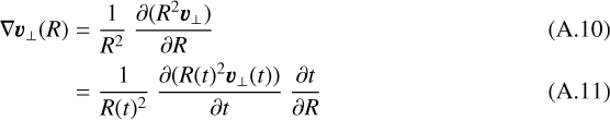 Mathematical equation: \begin{align*} \nabla\vec{v}_{\mathrm{\bot}}(R) &=\frac{1}{R^{2}}\ \frac{\partial (R^{2}\vec{v}_{\mathrm{\bot}})}{\partial R}\\ &=\frac{1}{R(t)^{2}}\ \frac{\partial (R(t)^{2} \vec{v}_{\mathrm{\bot}}(t))}{\partial t}\ \frac{\partial t}{\partial R} \end{align*}