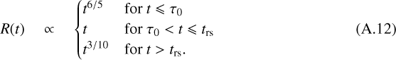 Mathematical equation: $ R(t) \quad \propto \quad \begin{cases} t^{6/5} & \text{for \begin{inlinestripns}{si752}$t \leqslant \tau_0$
