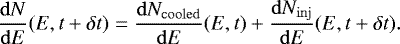 Mathematical equation: $ \frac{\mathrm{d}N}{\mathrm{d}E}(E,t+\delta t) = \frac{\mathrm{d}N_{\mathrm{cooled}}}{\mathrm{d}E}(E,t) + \frac{\mathrm{d}N_{\mathrm{inj}}}{\mathrm{d}E}(E,t+\delta t) .$